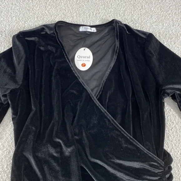 Black Velvet Wrap Dress with Ruching - Picture 8 of 9